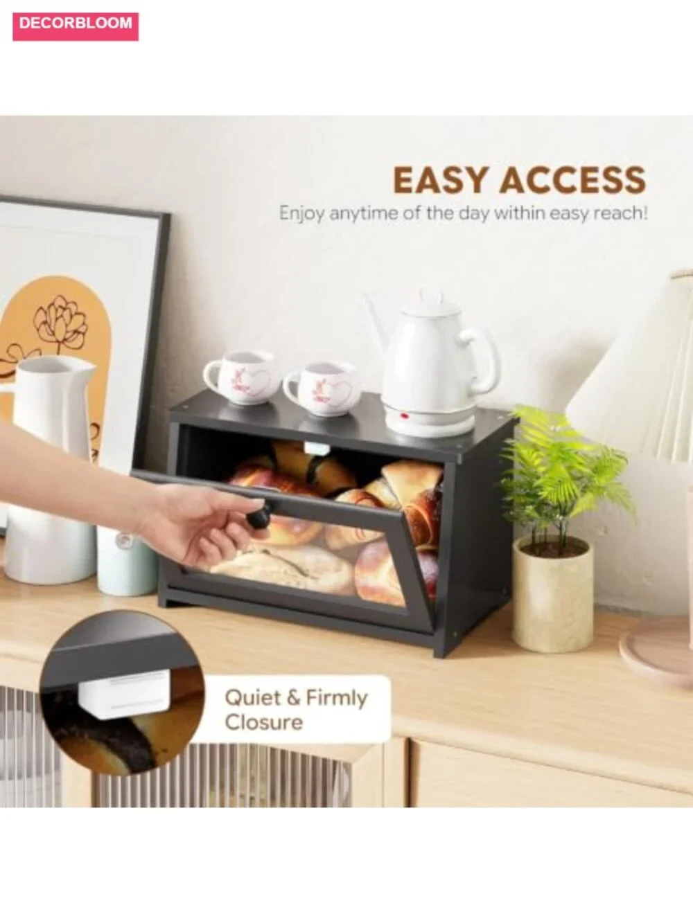 Bamboo Bread Box with Magnetic Acrylic Door, Kitchen Countertop Storage